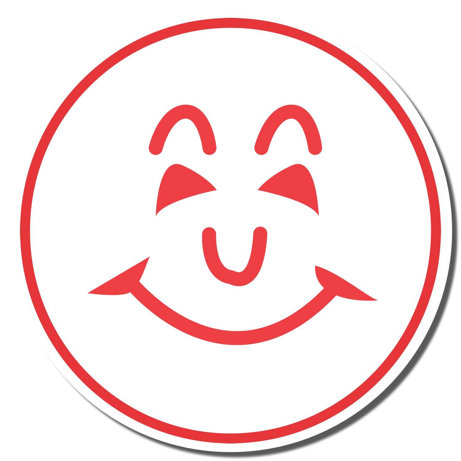 Round Smiley Face Xstamper Stamp imprint showing a red, happy face with closed eyes and a wide smile, enclosed in a red circle.