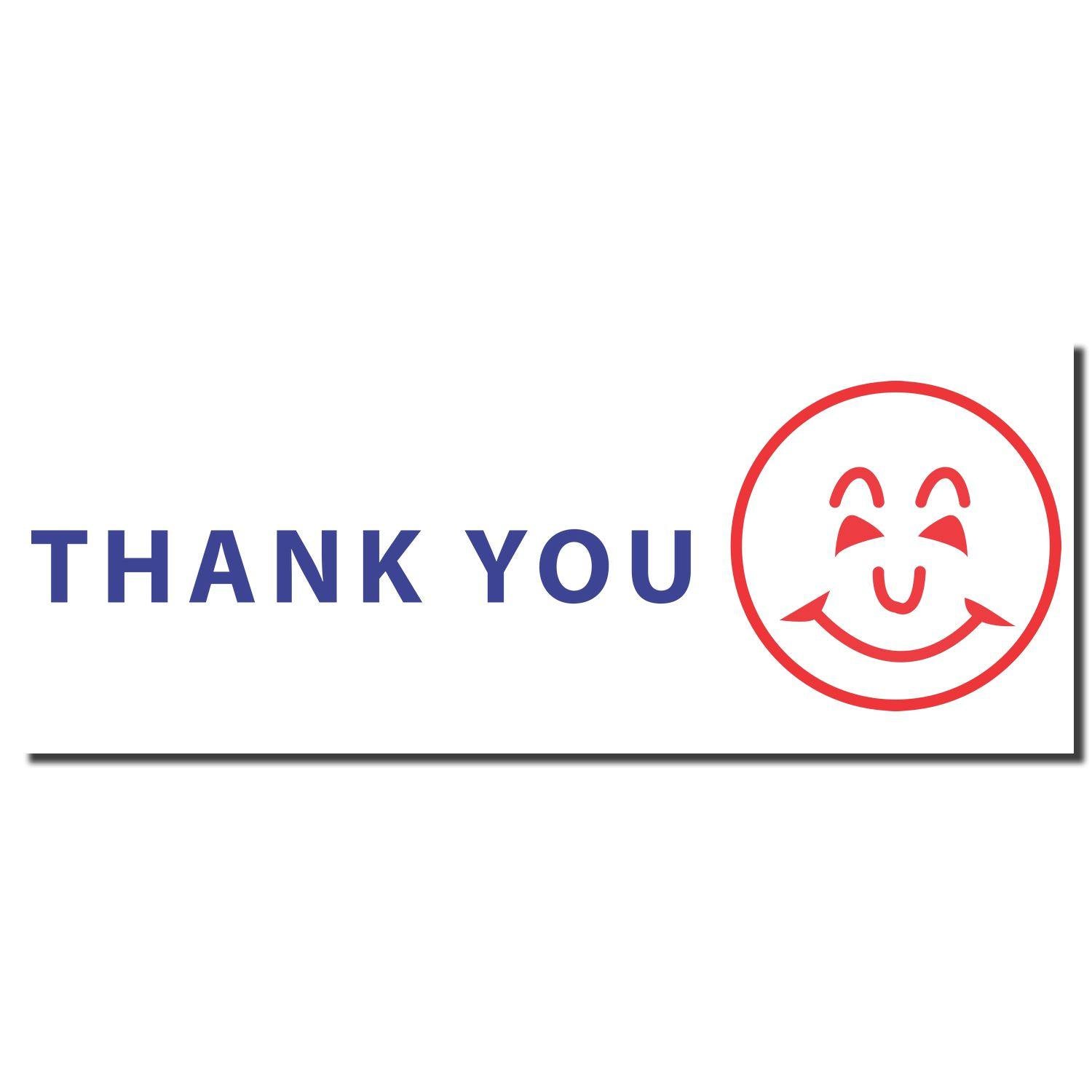 Two-Color Thank You Xstamper Stamp imprint with THANK YOU in blue and a red smiling face on a white background.