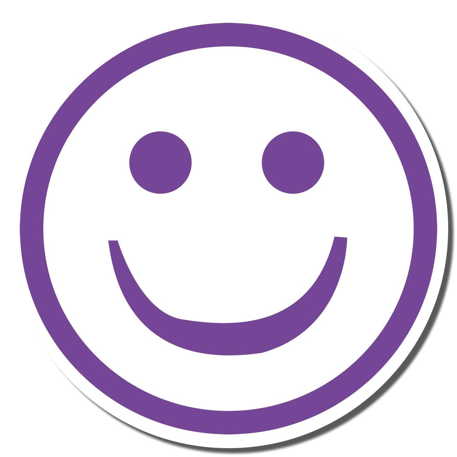 Round Violet Smiley Face Xstamper Stamp imprint showing a purple smiley face with two dots for eyes and a curved line for a mouth.