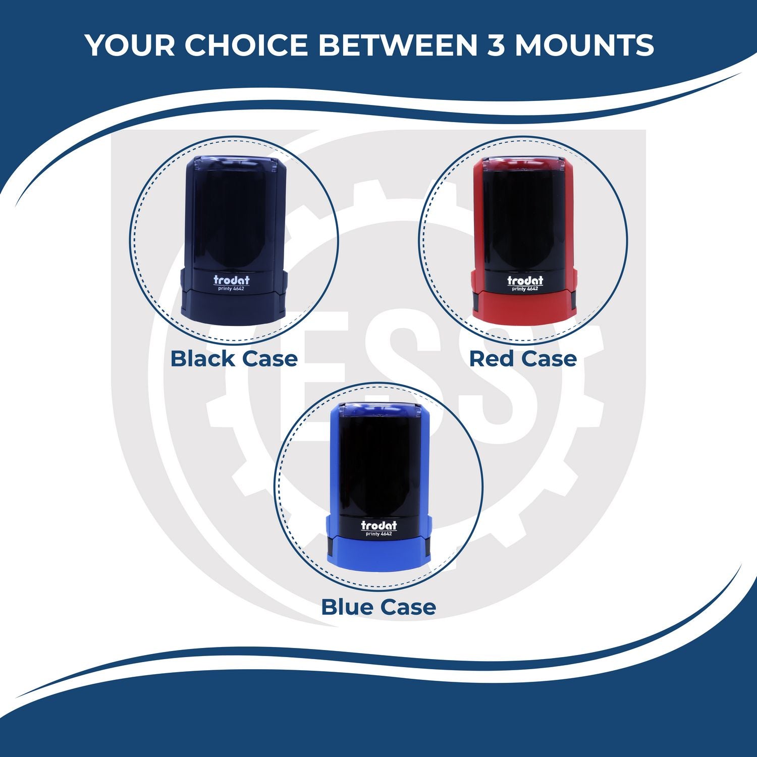 An infographic type of graphic for the Official Self-Inking Alabama Notary Stamp showing case colors between red, blue and black choices