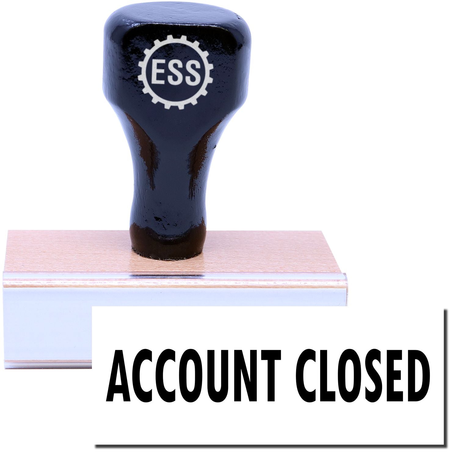 A stock office rubber stamp with a stamped image showing how the text "ACCOUNT CLOSED"  is displayed after stamping.