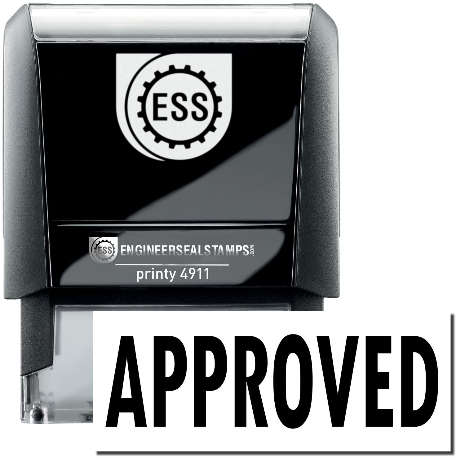 A self-inking stamp with a stamped image showing how the text "APPROVED" is displayed after stamping.