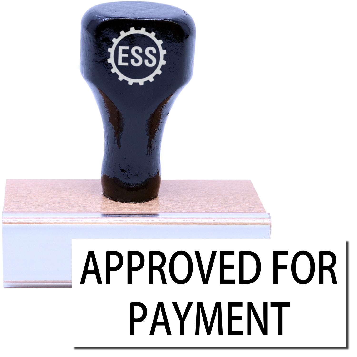 A stock office rubber stamp with a stamped image showing how the text "APPROVED FOR PAYMENT" is displayed after stamping.
