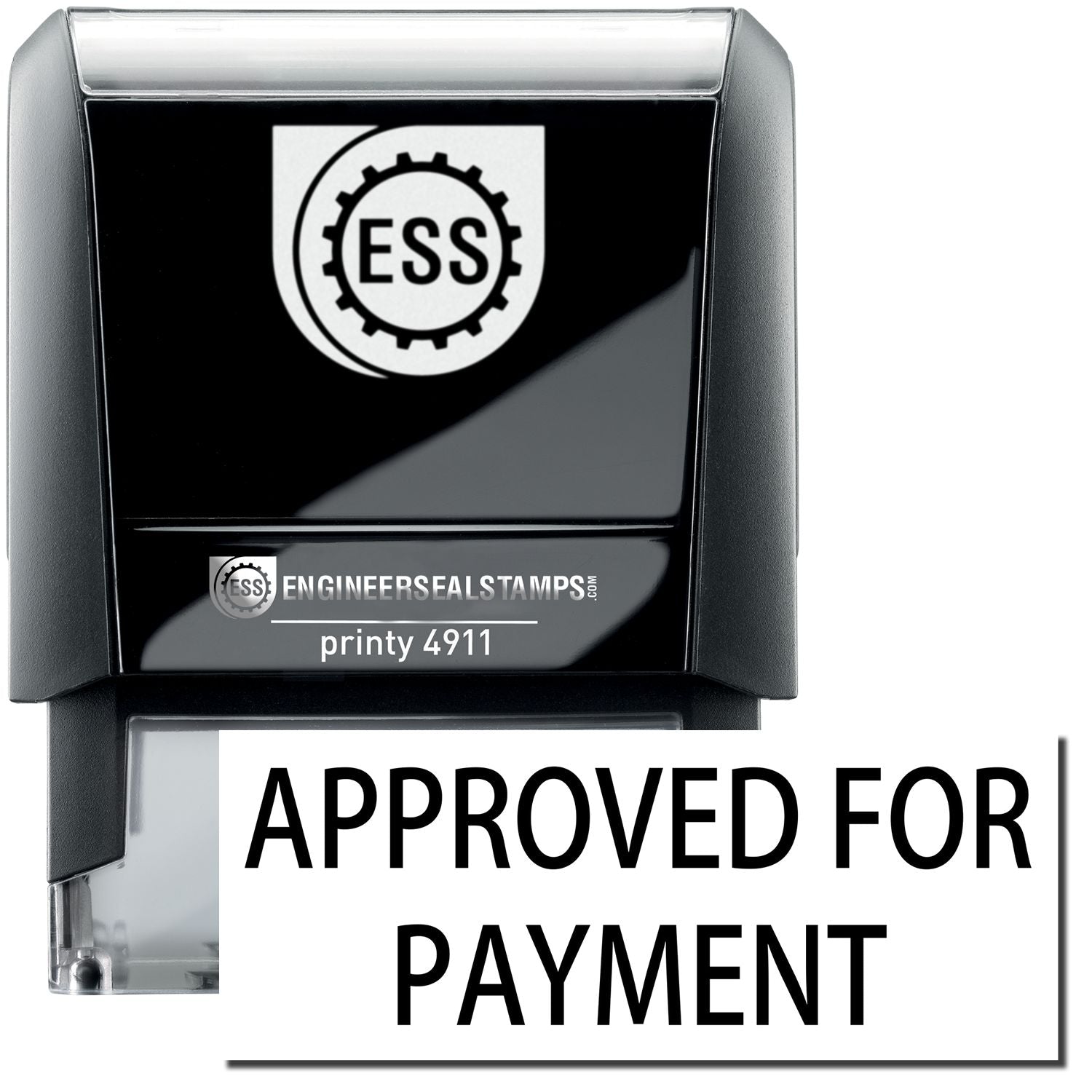 A self-inking stamp with a stamped image showing how the text "APPROVED FOR PAYMENT" is displayed after stamping.