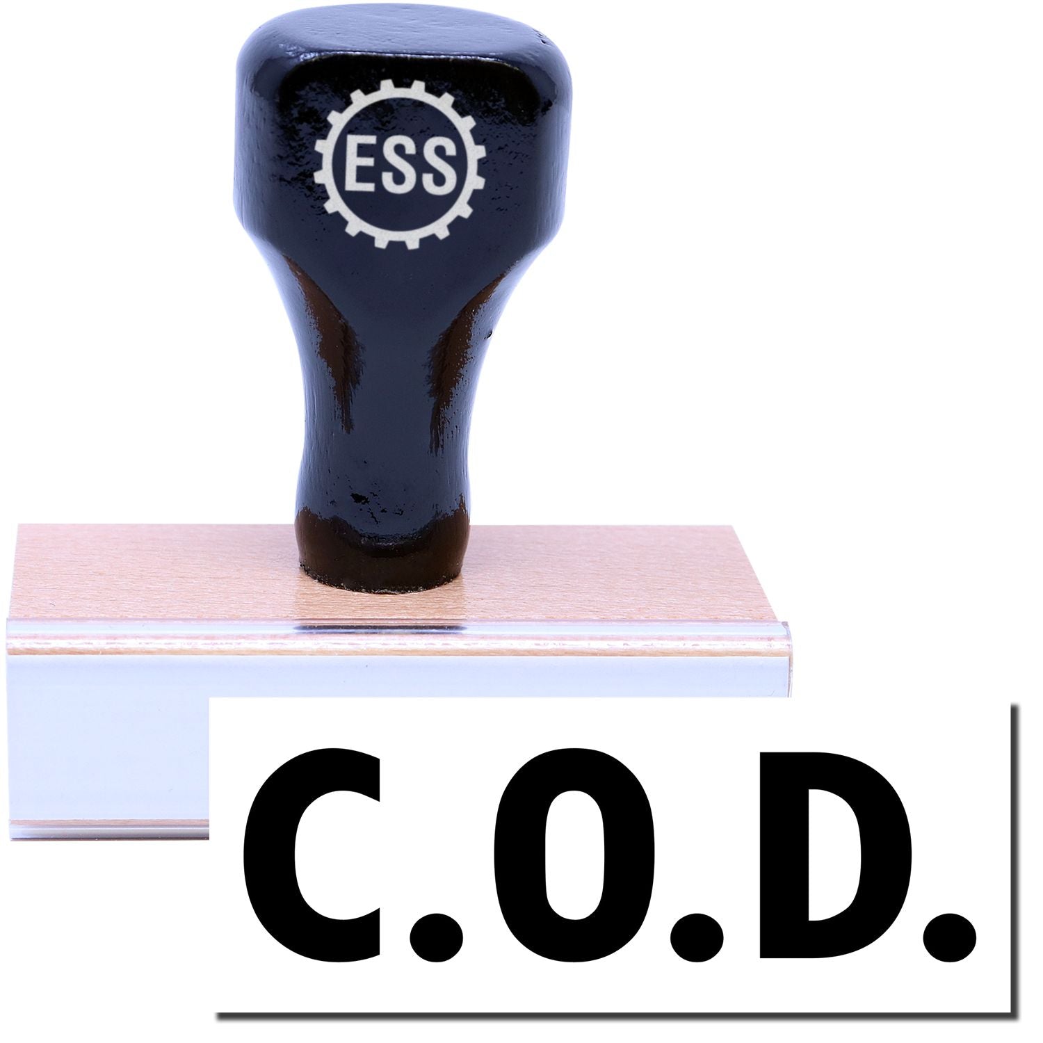 A stock office rubber stamp with a stamped image showing how the text "C.O.D." is displayed after stamping.