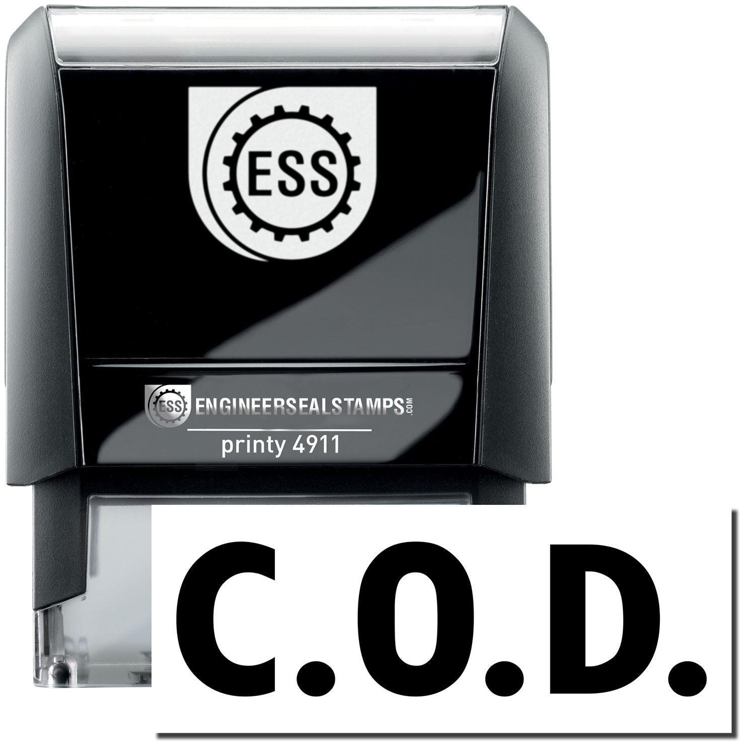 A self-inking stamp with a stamped image showing how the text C.O.D. is displayed after stamping.