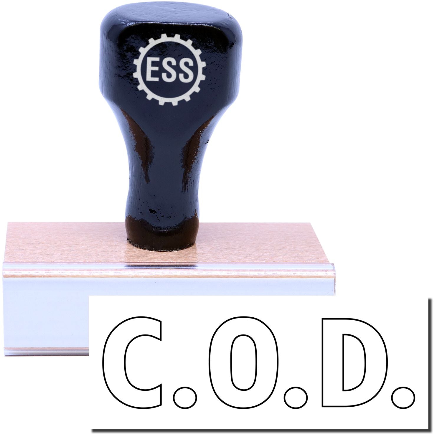 A stock office rubber stamp with a stamped image showing how the text "C.O.D." in an outline font is displayed after stamping.