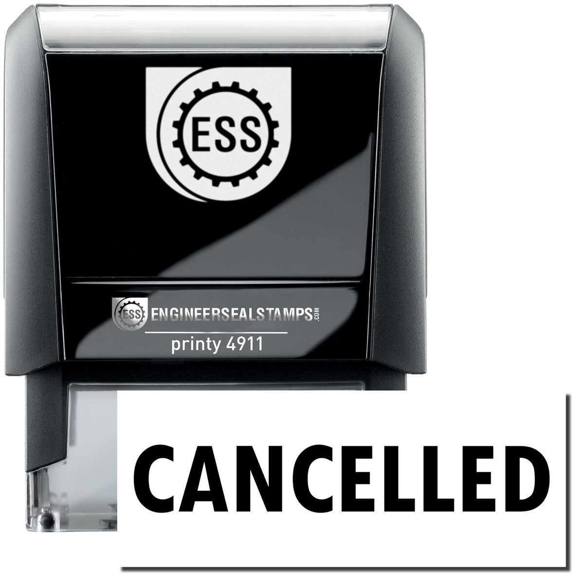 A self-inking stamp with a stamped image showing how the text &quot;CANCELLED&quot; is displayed after stamping.