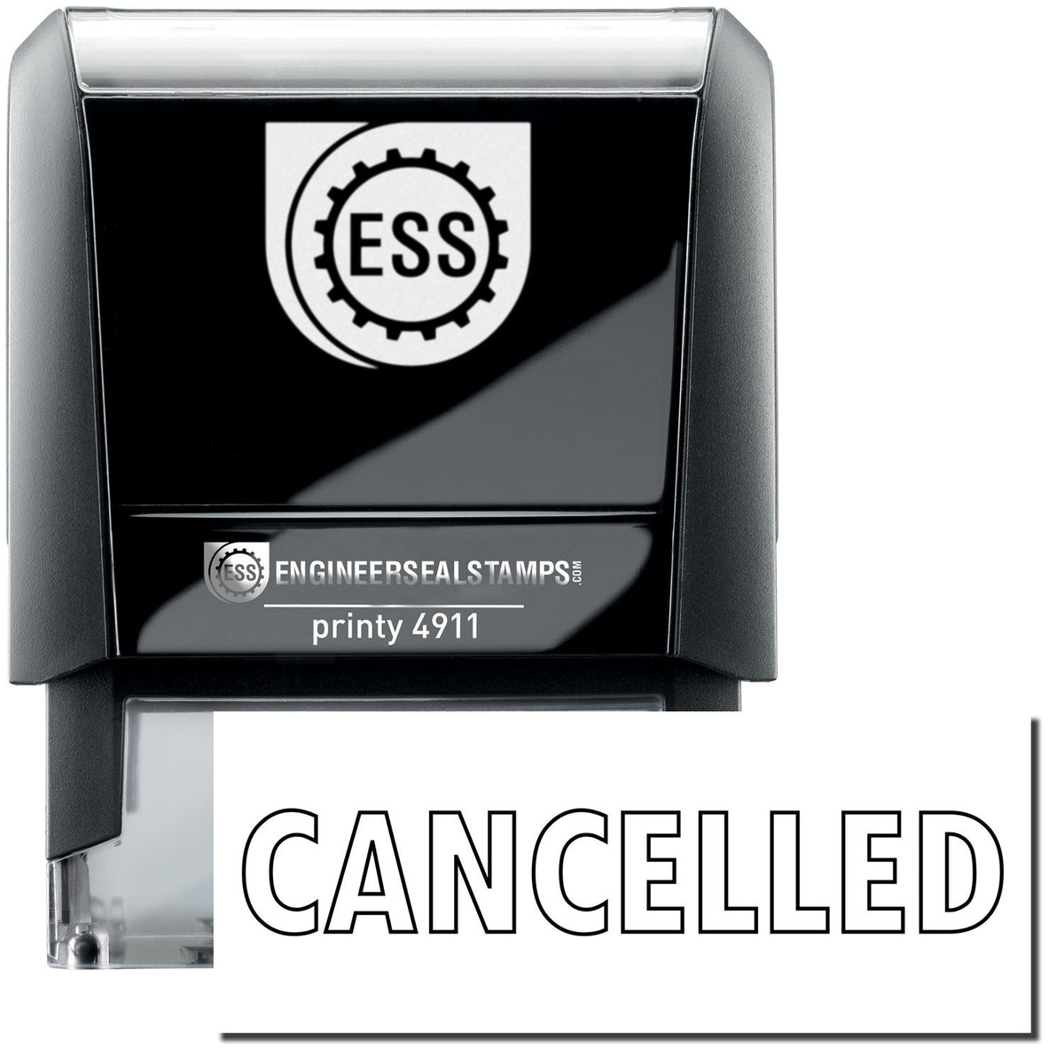 A self-inking stamp with a stamped image showing how the text &quot;CANCELLED&quot; in an outline style is displayed after stamping.
