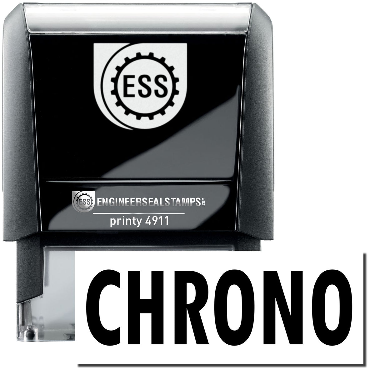 A self-inking stamp with a stamped image showing how the text &quot;CHRONO&quot; is displayed after stamping.