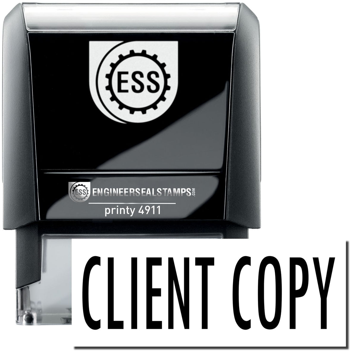 A self-inking stamp with a stamped image showing how the text &quot;CLIENT COPY&quot; is displayed after stamping.