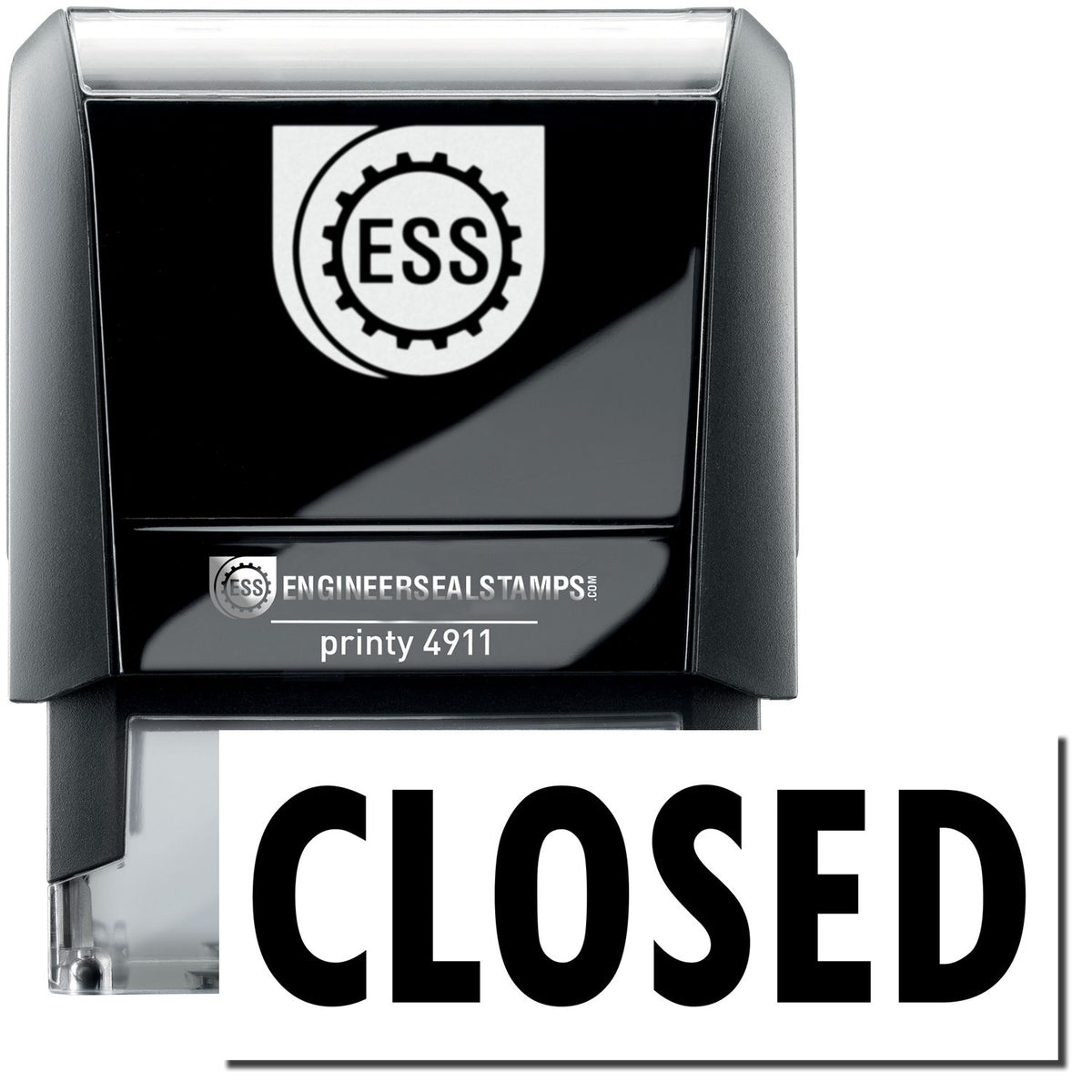 A self-inking stamp with a stamped image showing how the text &quot;CLOSED&quot; is displayed after stamping.