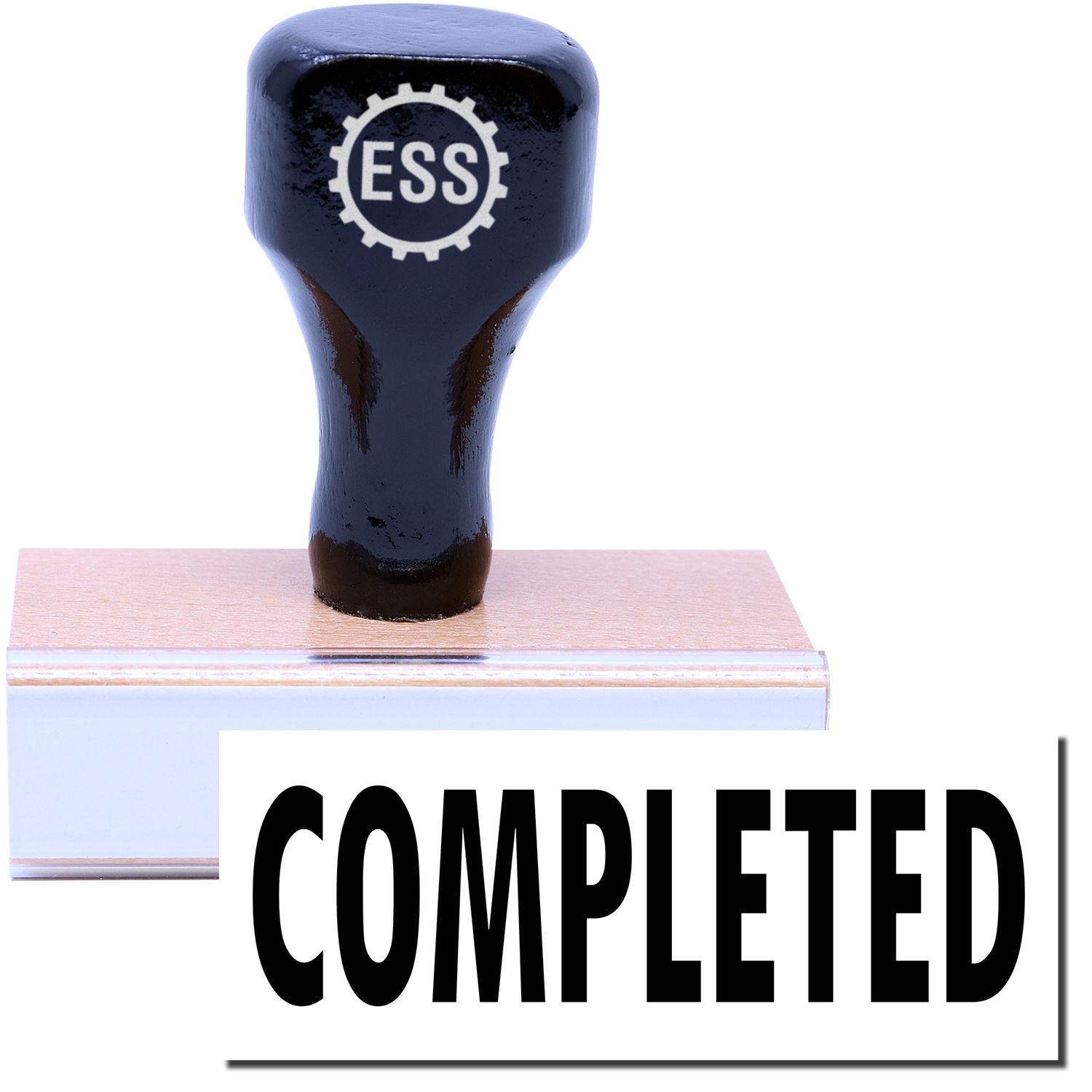A stock office rubber stamp with a stamped image showing how the text "COMPLETED" is displayed after stamping.