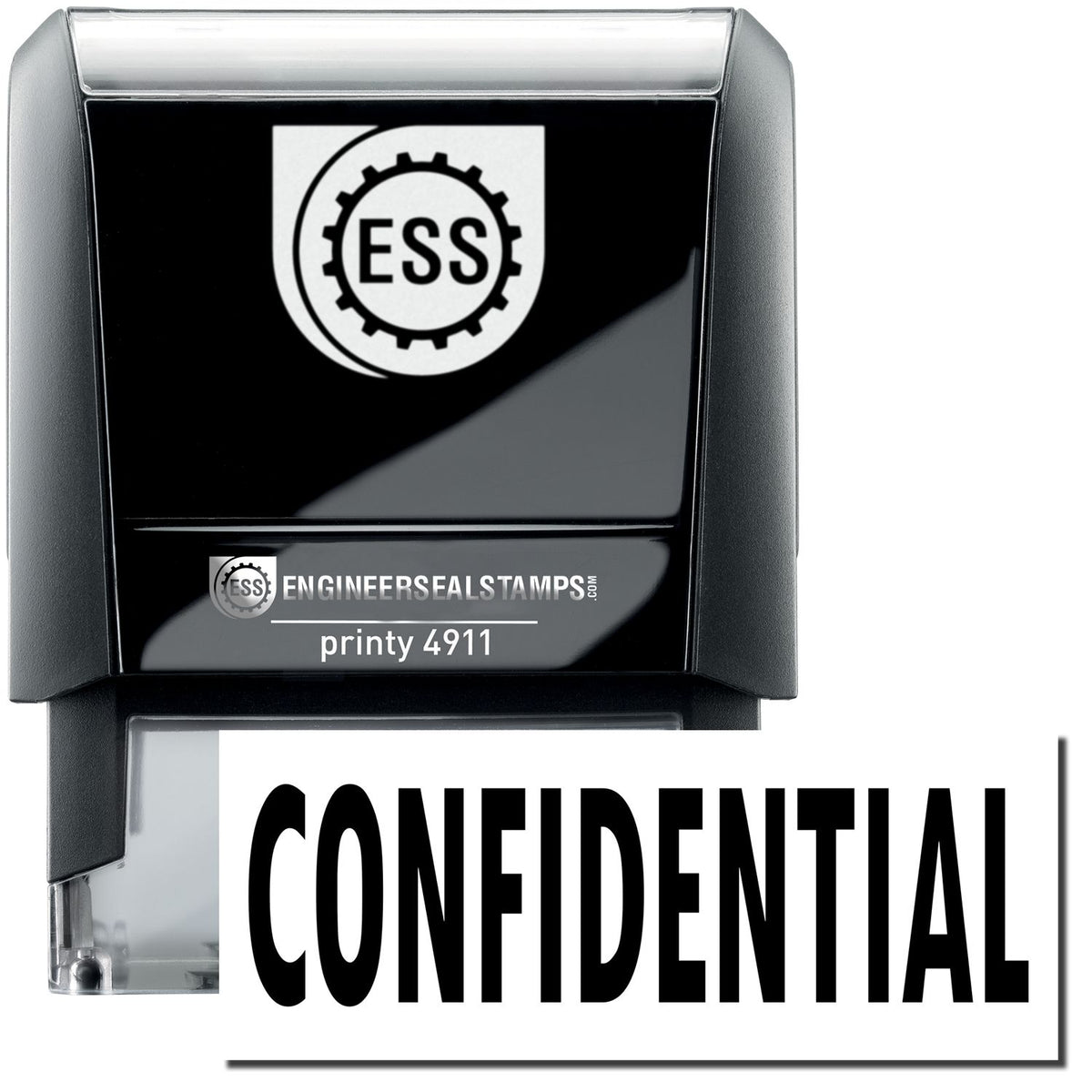 A self-inking stamp with a stamped image showing how the text &quot;CONFIDENTIAL&quot; is displayed after stamping.