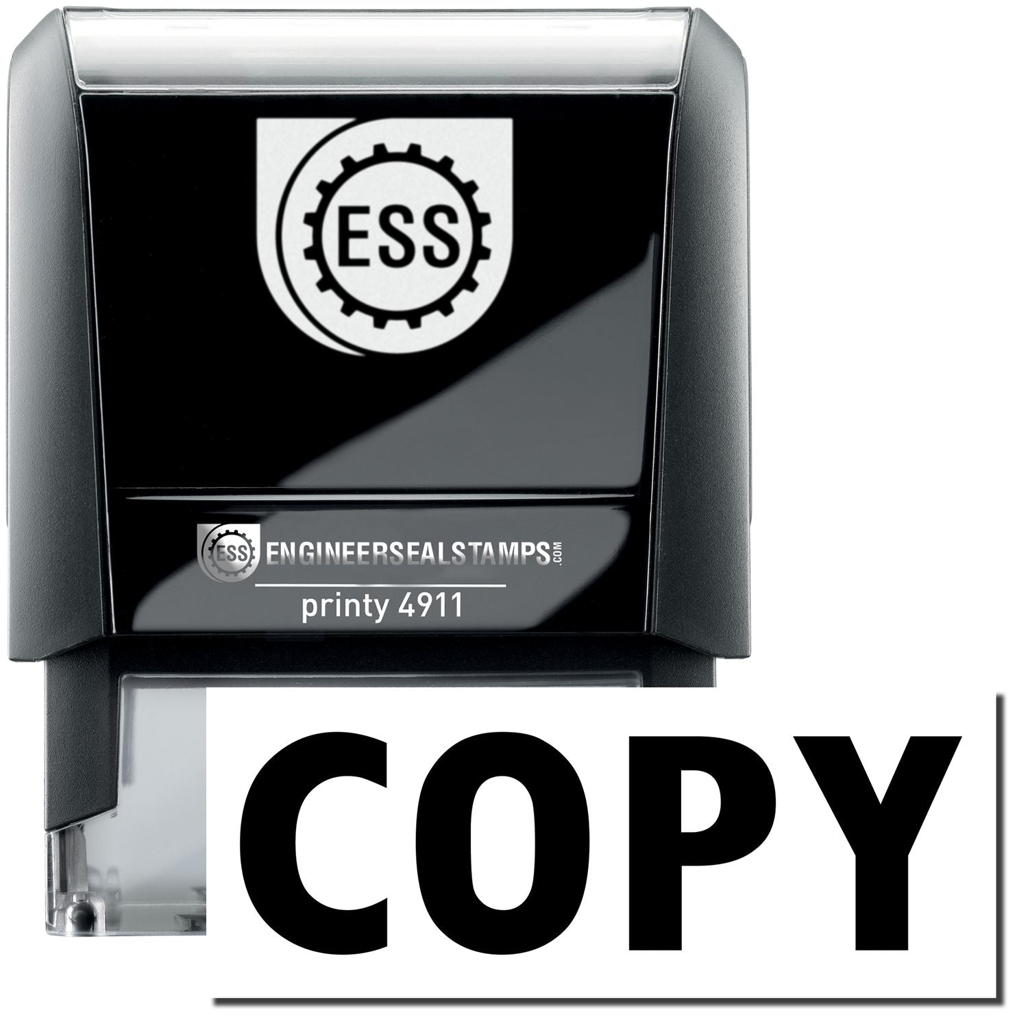 A self-inking stamp with a stamped image showing how the text COPY is displayed after stamping.