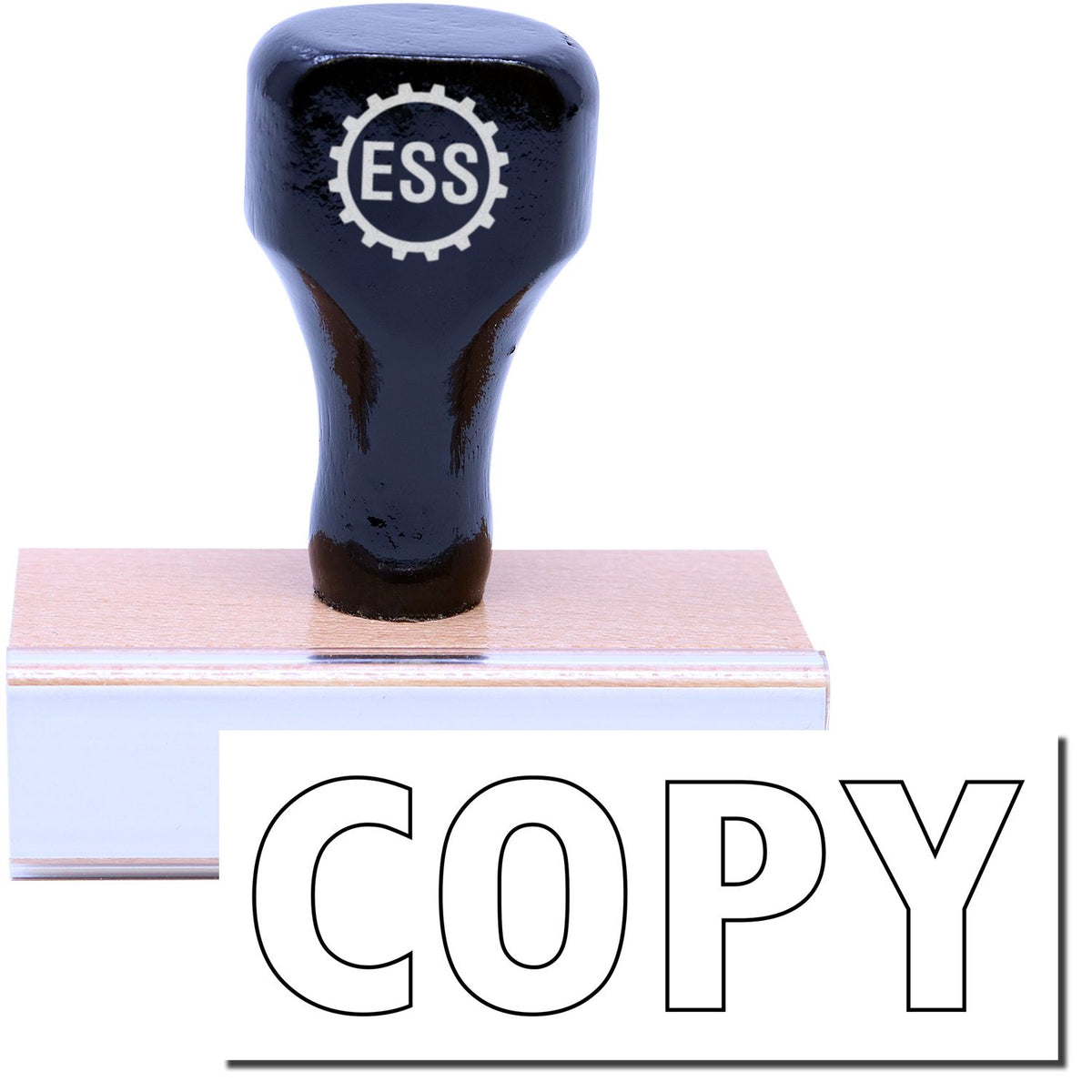 A stock office rubber stamp with a stamped image showing how the text &quot;COPY&quot; in an outline font is displayed after stamping.