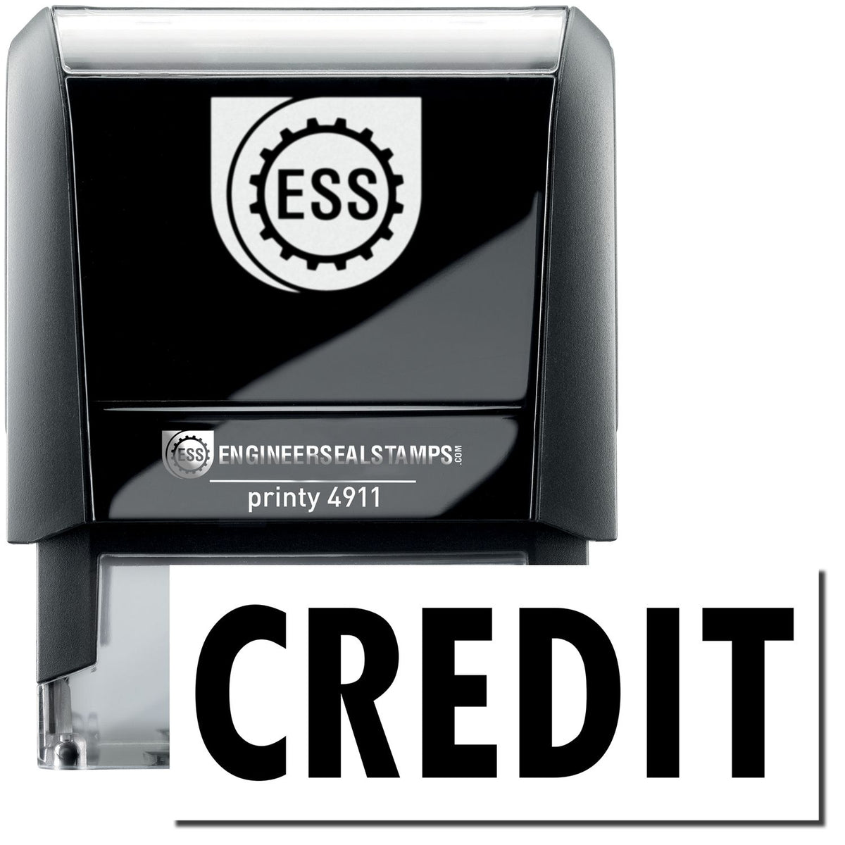 A self-inking stamp with a stamped image showing how the text &quot;CREDIT&quot; is displayed after stamping.