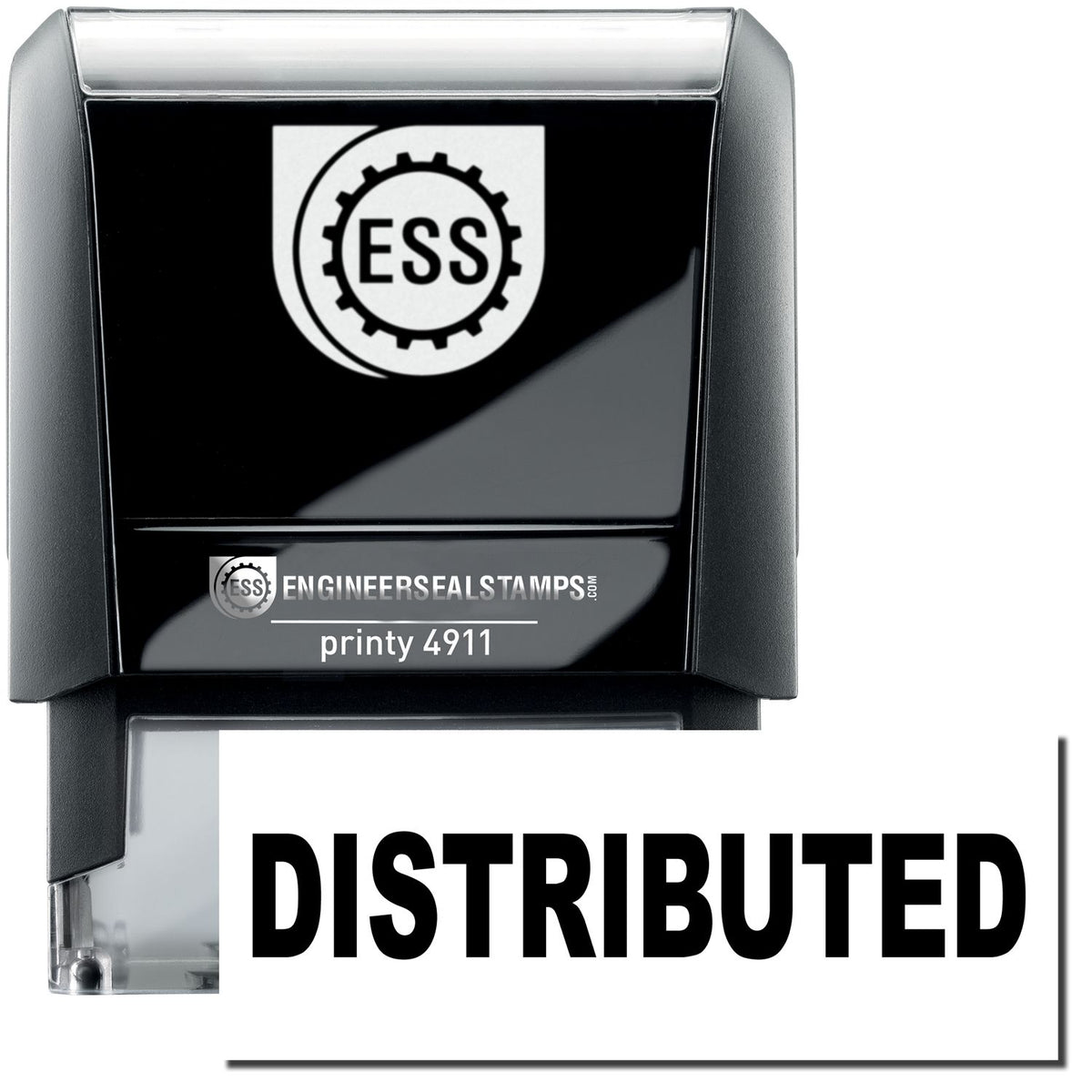 A self-inking stamp with a stamped image showing how the text &quot;DISTRIBUTED&quot; is displayed after stamping.