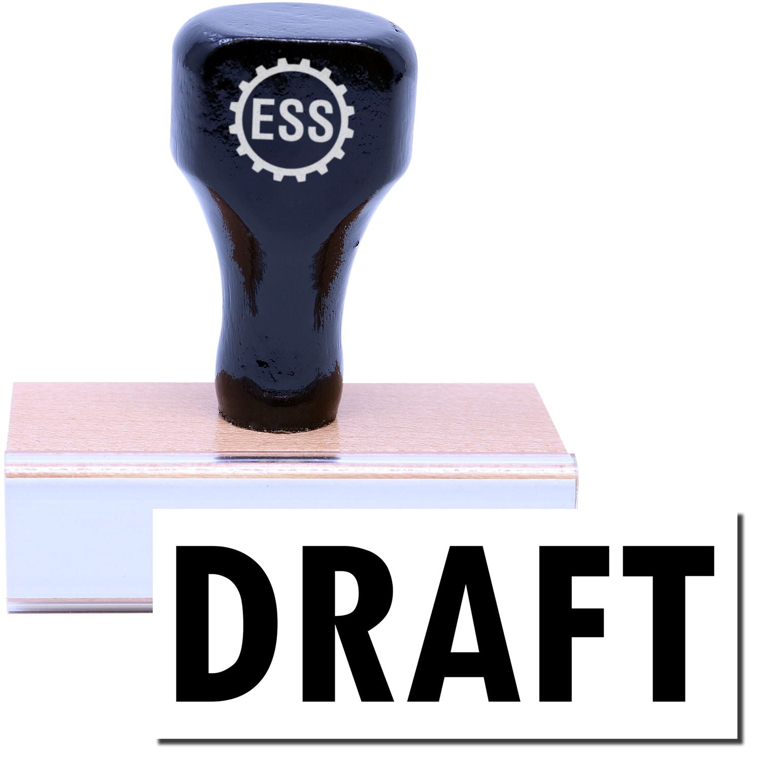 A stock office rubber stamp with a stamped image showing how the text "DRAFT" is displayed after stamping.