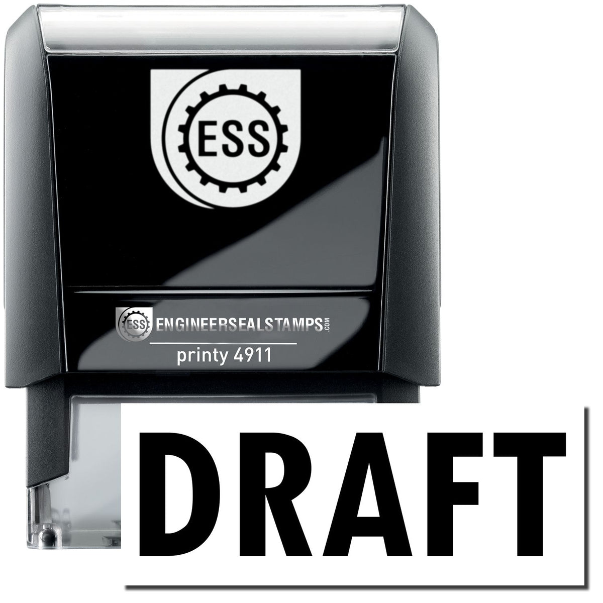 A self-inking stamp with a stamped image showing how the text &quot;DRAFT&quot; is displayed after stamping.