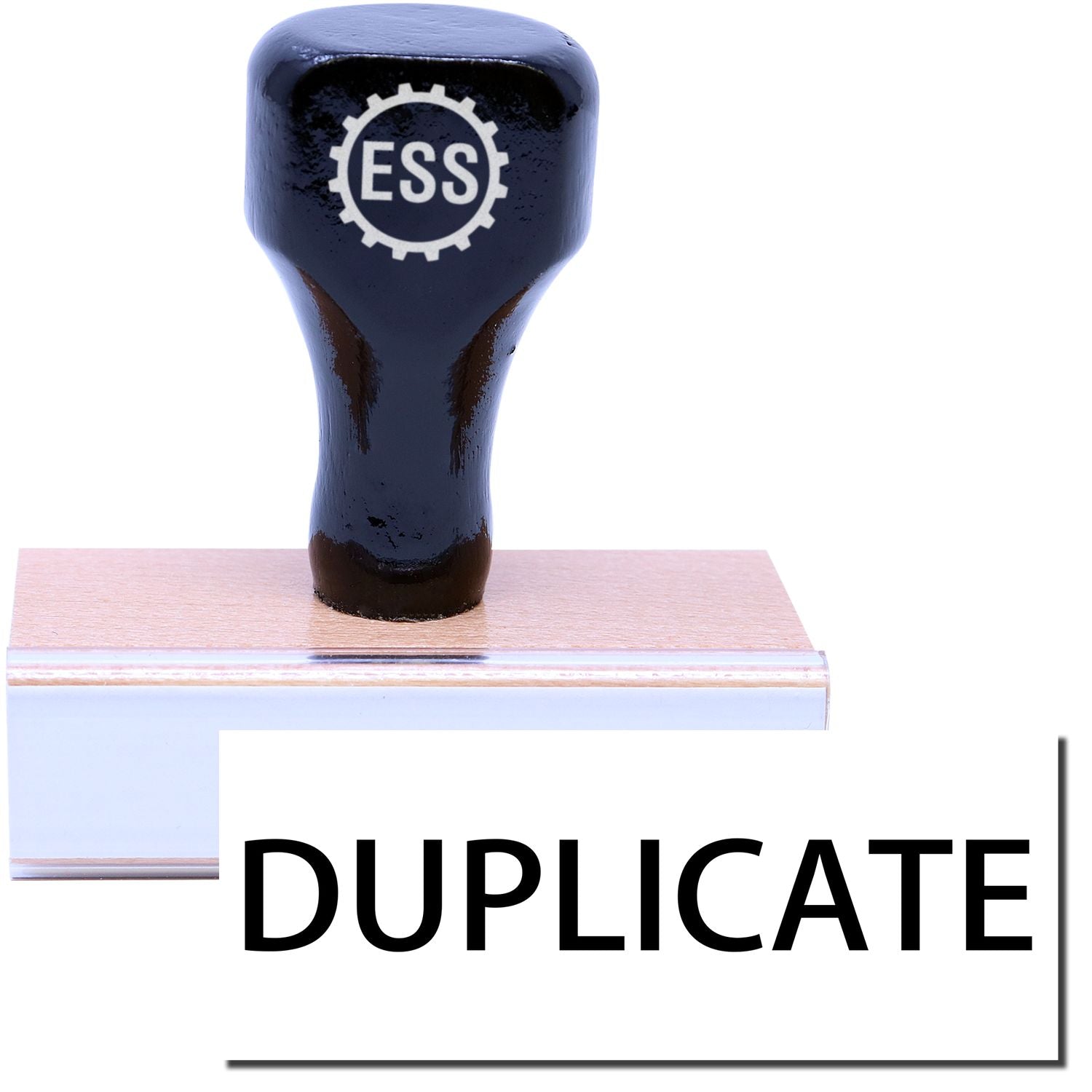 A stock office rubber stamp with a stamped image showing how the text DUPLICATE is displayed after stamping.