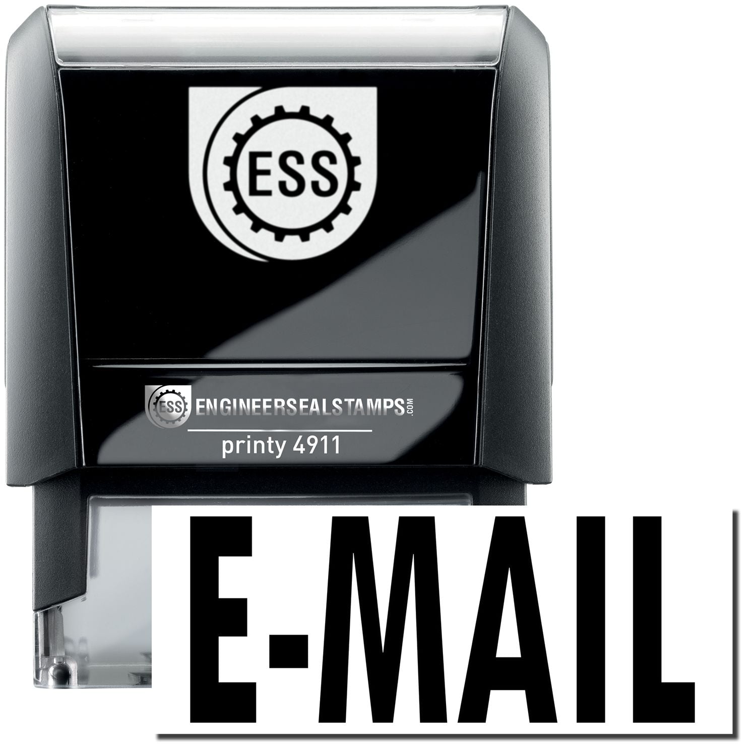 A self-inking stamp with a stamped image showing how the text E-MAIL is displayed after stamping.