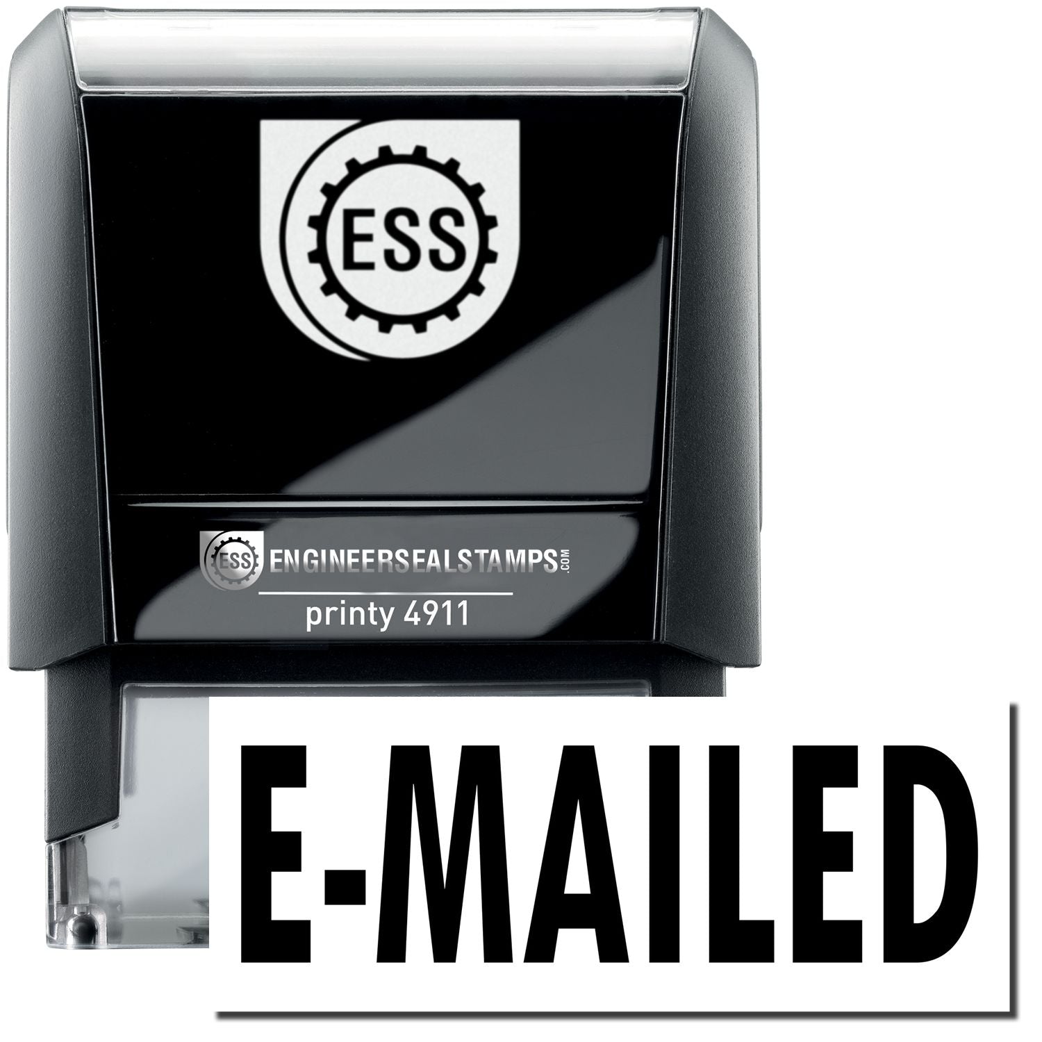 A self-inking stamp with a stamped image showing how the text "E-MAILED" is displayed after stamping.