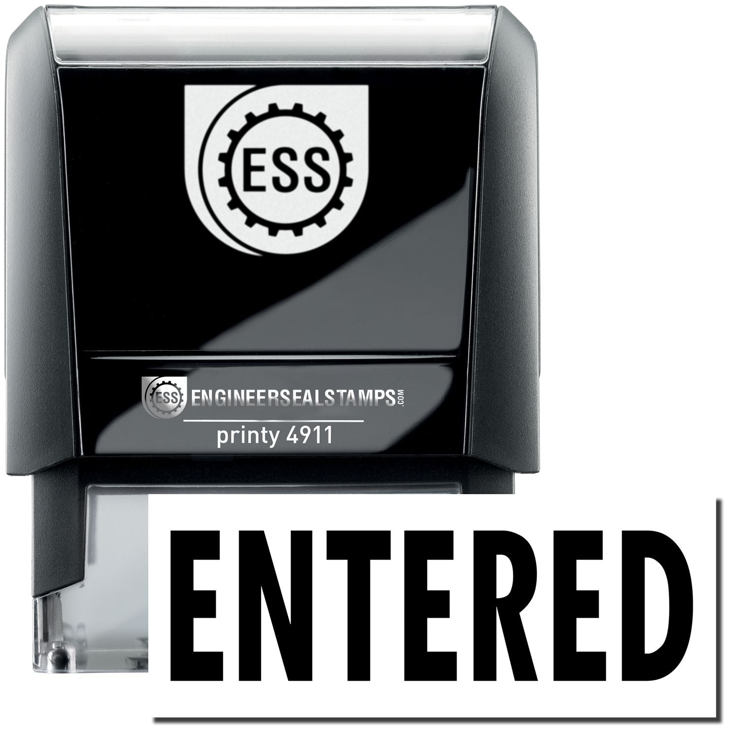 A self-inking stamp with a stamped image showing how the text ENTERED is displayed after stamping.