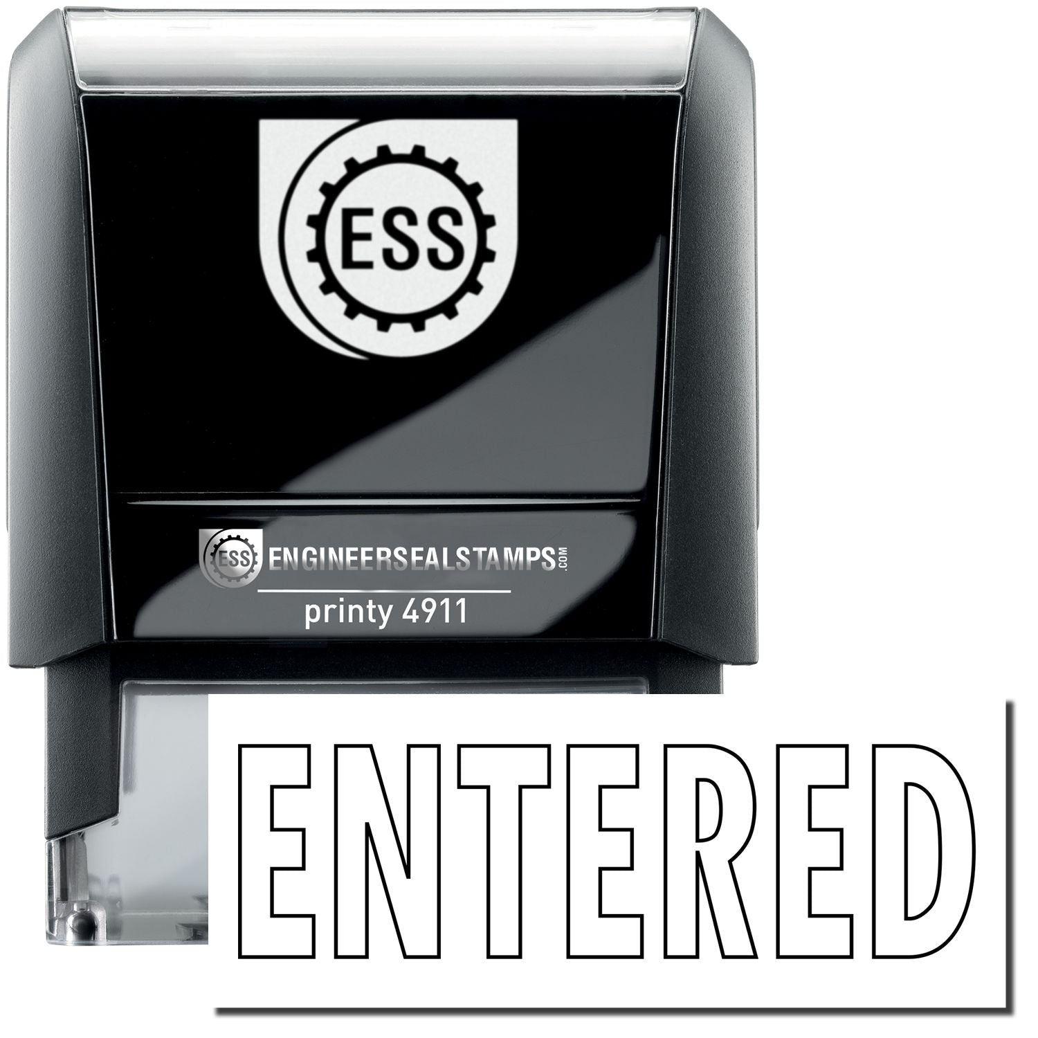 A self-inking stamp with a stamped image showing how the text "ENTERED" in an outline style is displayed after stamping.