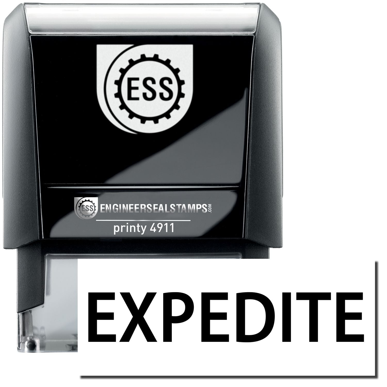 A self-inking stamp with a stamped image showing how the text EXPEDITE is displayed after stamping.