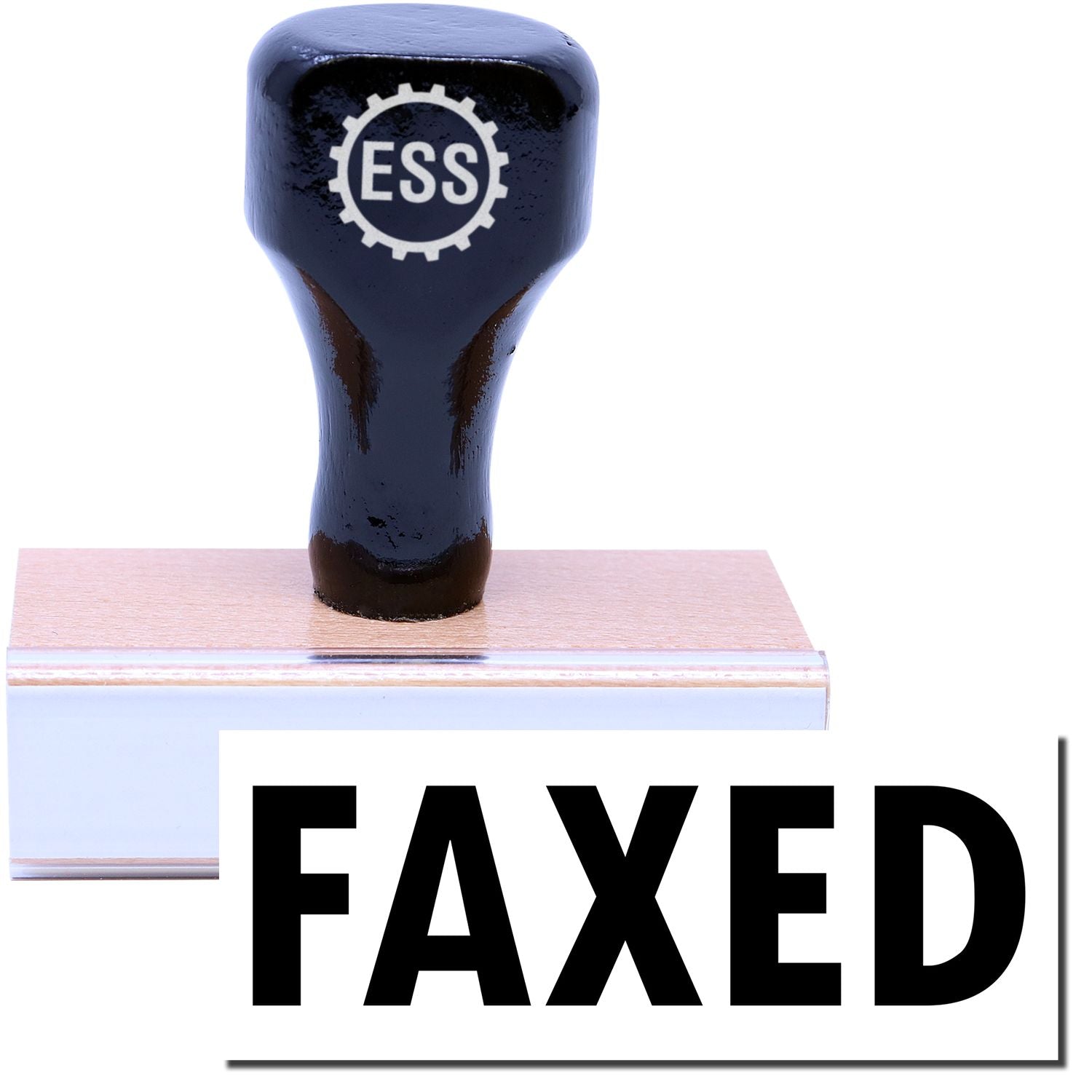 A stock office rubber stamp with a stamped image showing how the text FAXED is displayed after stamping.