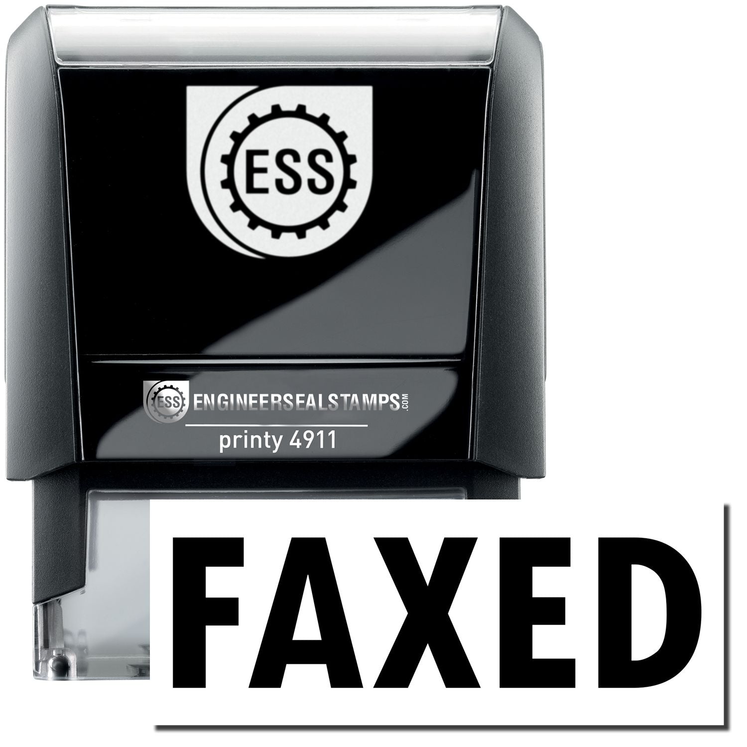 A self-inking stamp with a stamped image showing how the text "FAXED" is displayed after stamping.