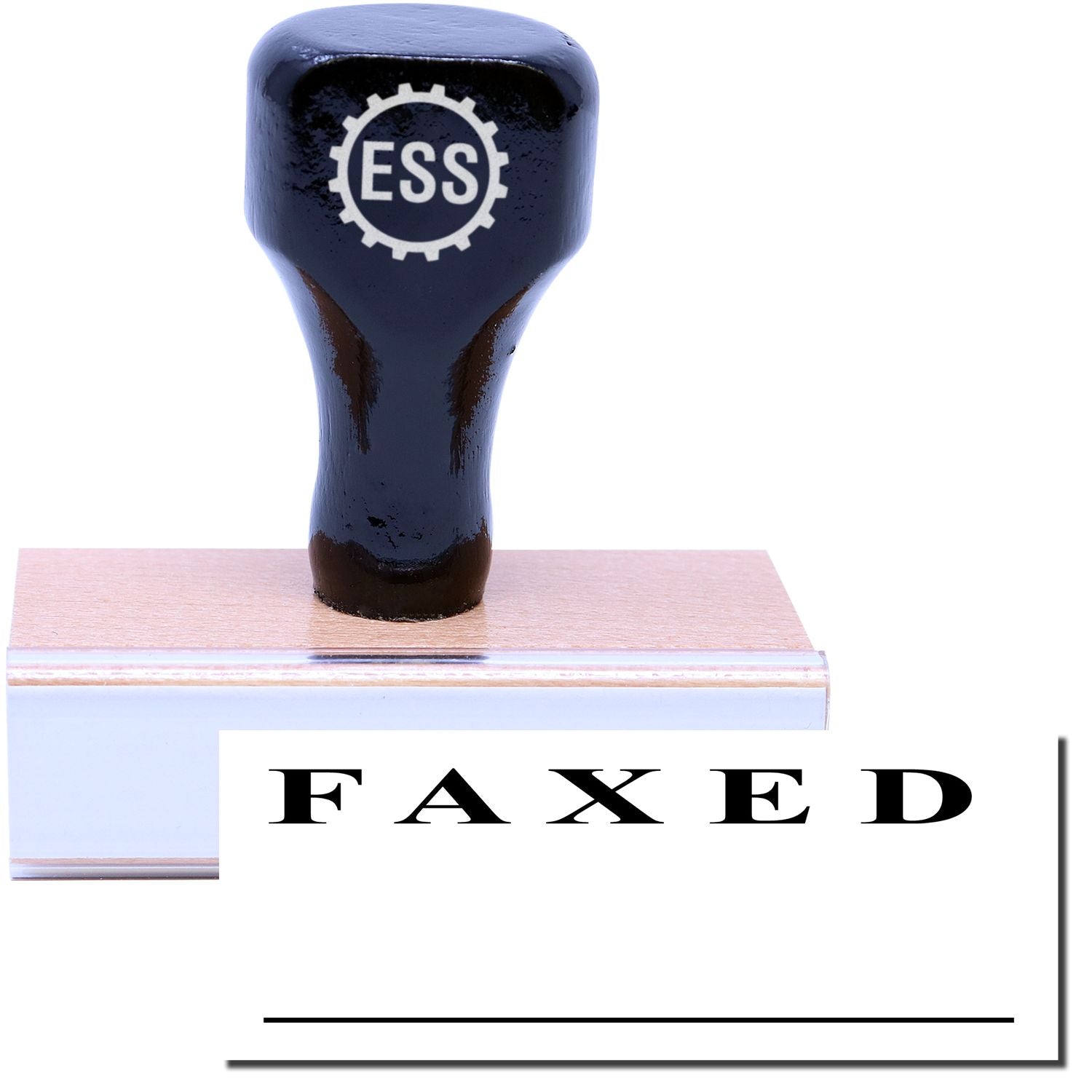 A stock office rubber stamp with a stamped image showing how the text FAXED with a line below the text is displayed after stamping.