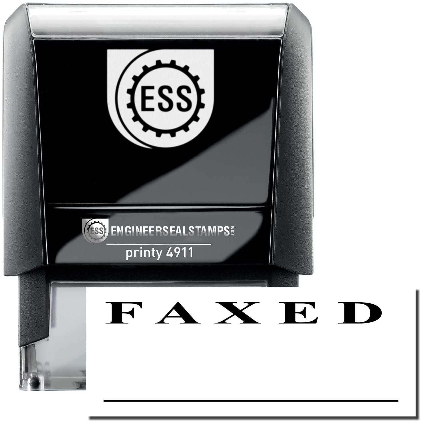 A self-inking stamp with a stamped image showing how the text FAXED with a line under it is displayed after stamping.