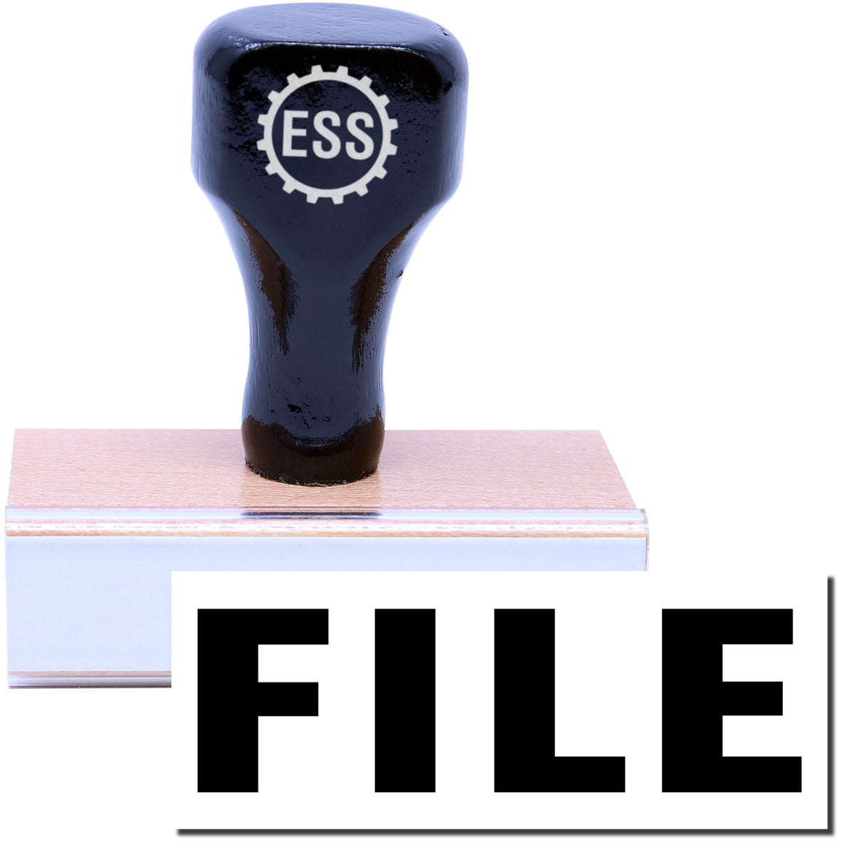 A stock office rubber stamp with a stamped image showing how the text &quot;FILE&quot; is displayed after stamping.
