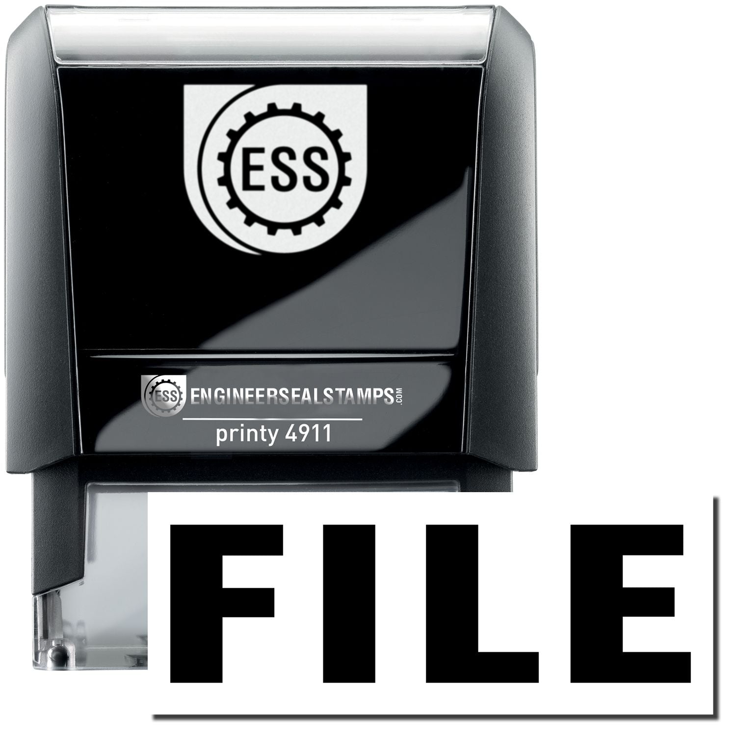 A self-inking stamp with a stamped image showing how the text "FILE" is displayed after stamping.