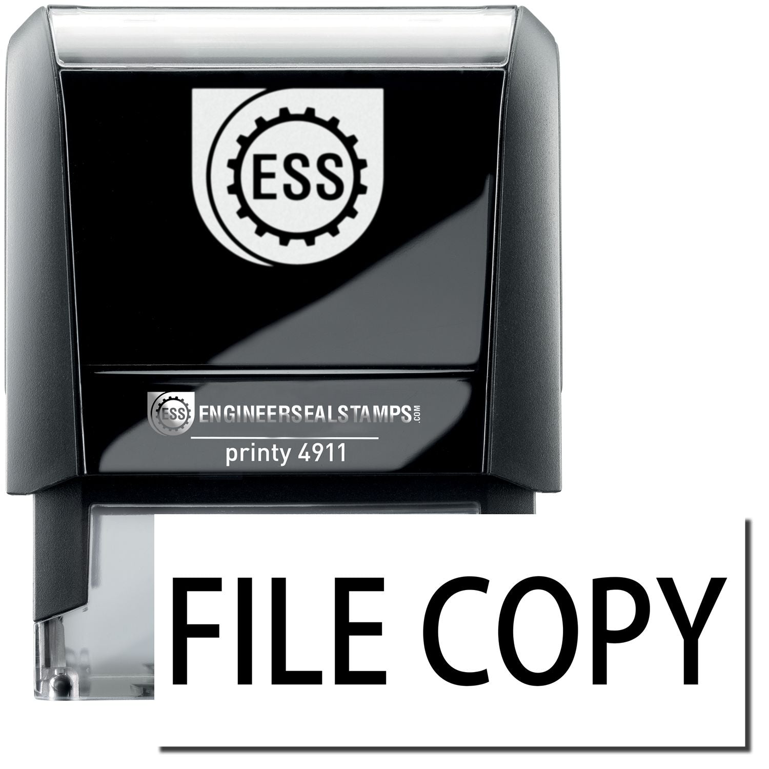 A self-inking stamp with a stamped image showing how the text FILE COPY is displayed after stamping.