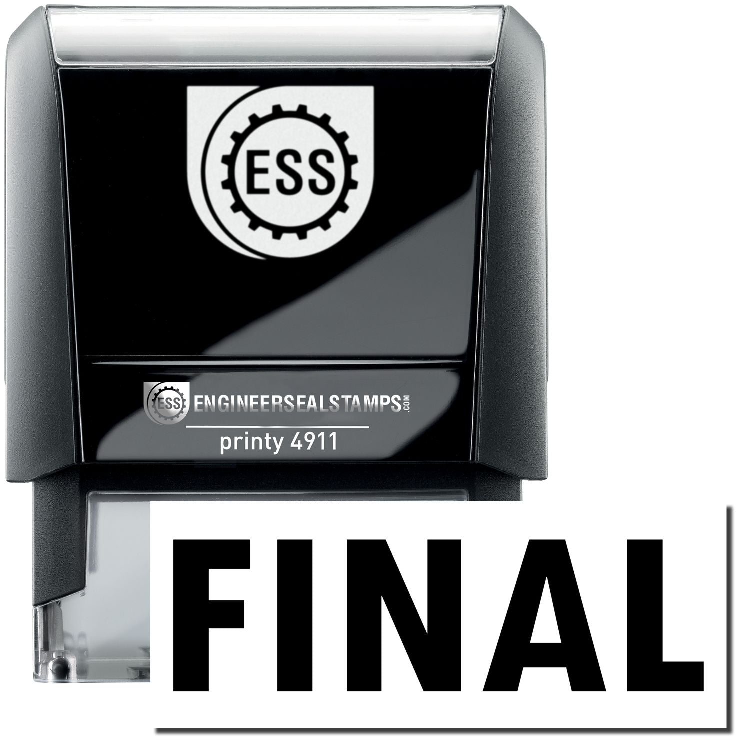 A self-inking stamp with a stamped image showing how the text FINAL is displayed after stamping.