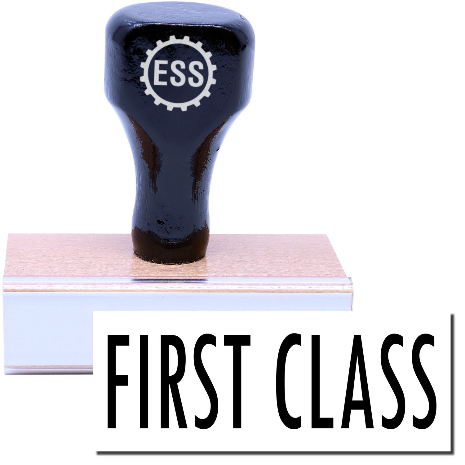 A stock office rubber stamp with a stamped image showing how the text FIRST CLASS is displayed after stamping.