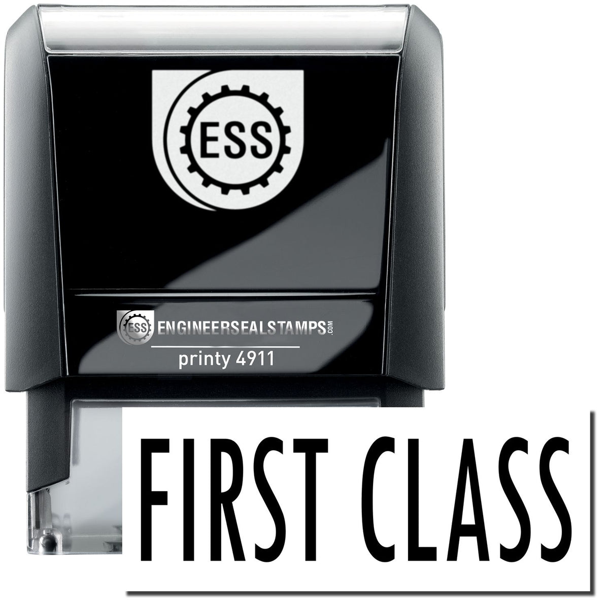 A self-inking stamp with a stamped image showing how the text &quot;FIRST CLASS&quot; is displayed after stamping.