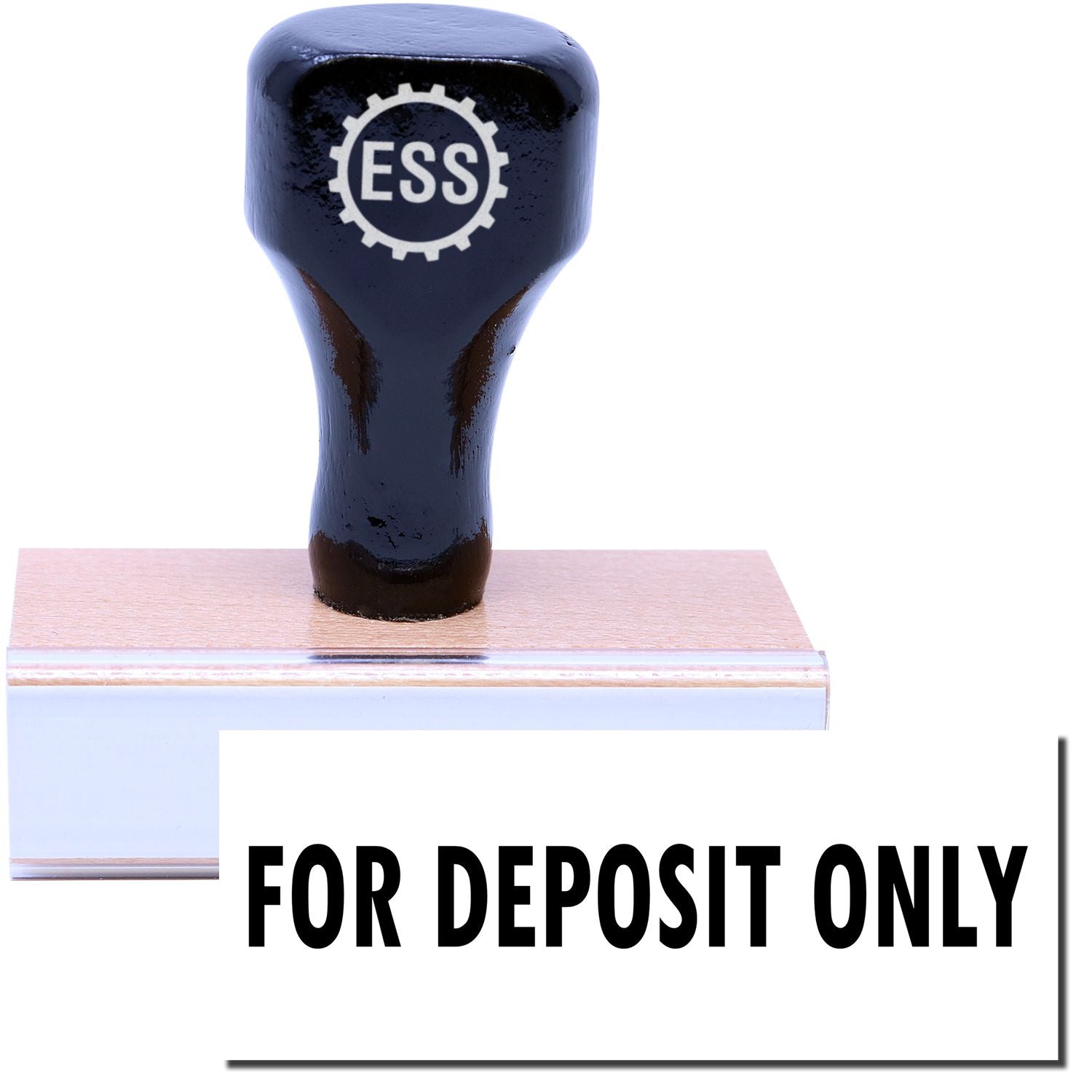 A stock office rubber stamp with a stamped image showing how the text FOR DEPOSIT ONLY is displayed after stamping.