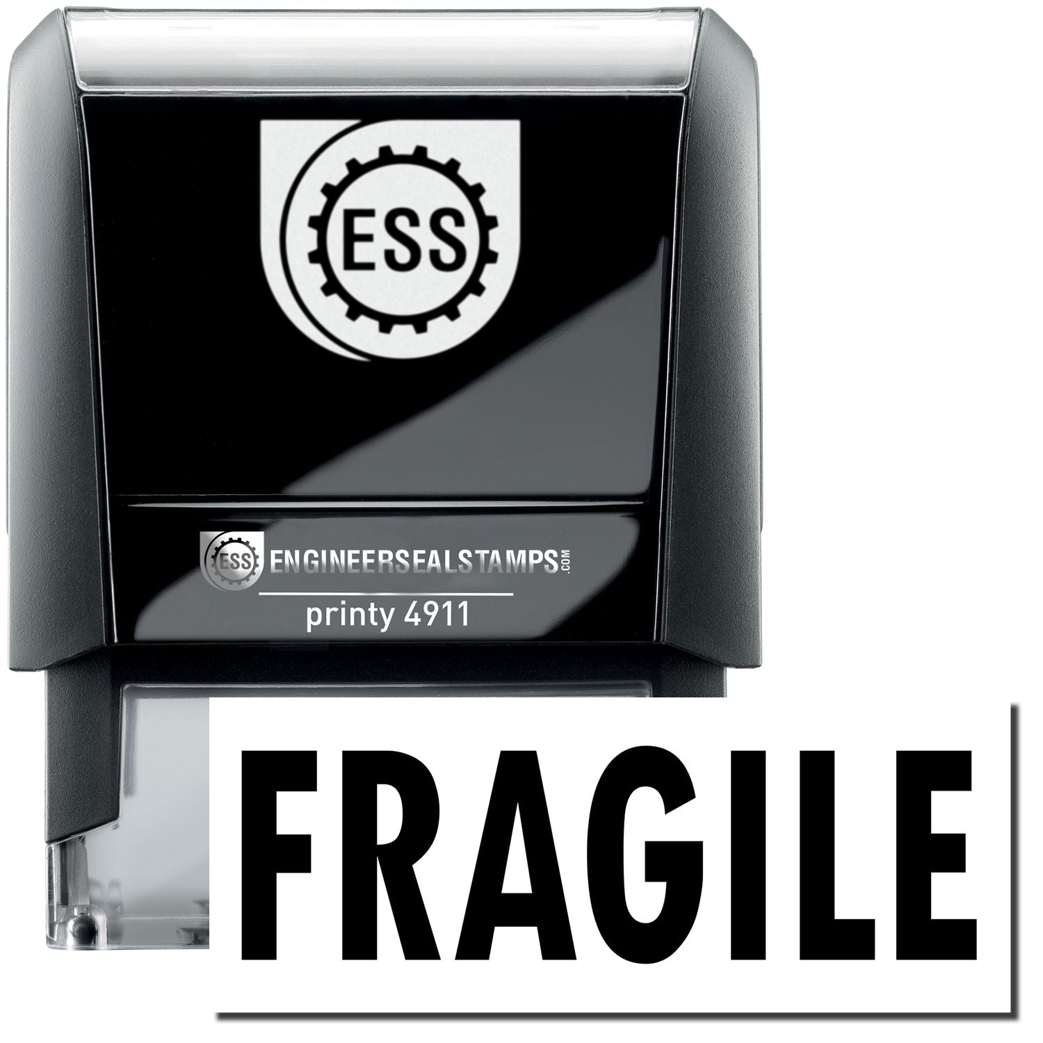 A self-inking stamp with a stamped image showing how the text "FRAGILE" is displayed after stamping.