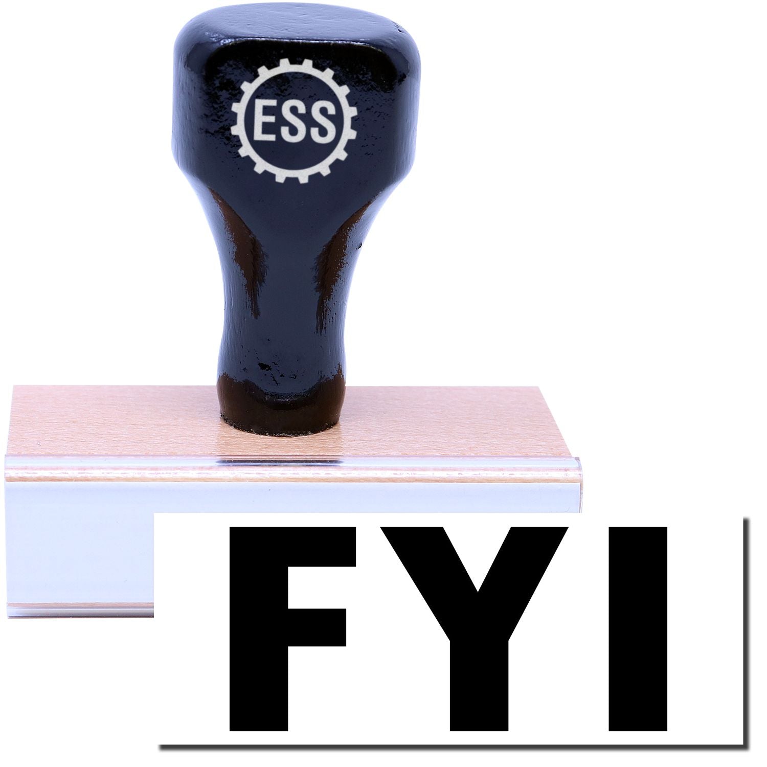 A stock office rubber stamp with a stamped image showing how the text FYI is displayed after stamping.