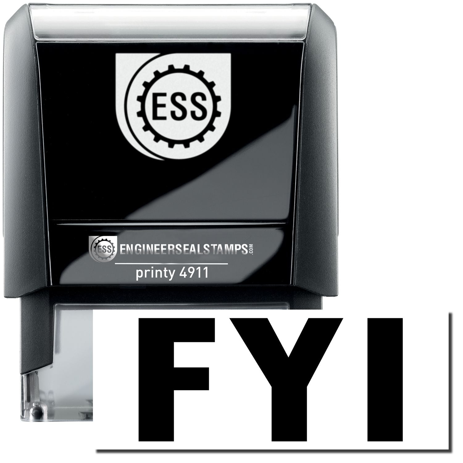 A self-inking stamp with a stamped image showing how the text "FYI" is displayed after stamping.