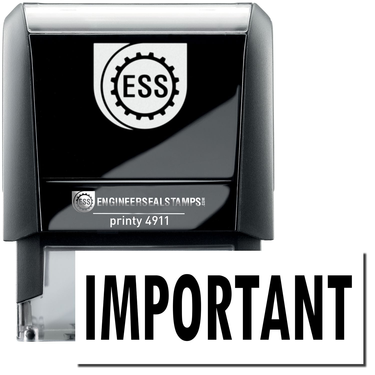 A self-inking stamp with a stamped image showing how the text IMPORTANT is displayed after stamping.