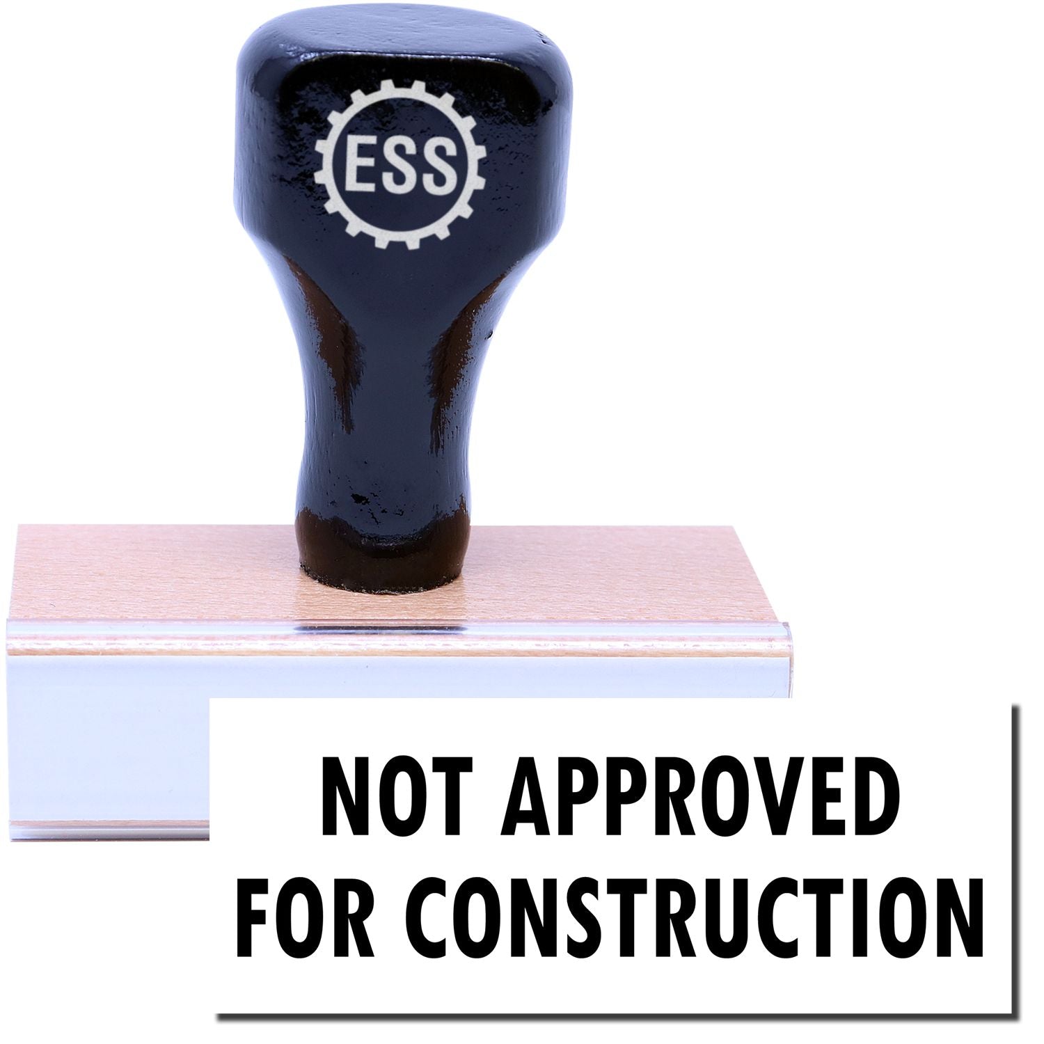 A stock office rubber stamp with a stamped image showing how the text NOT APPROVED FOR CONSTRUCTION is displayed after stamping.