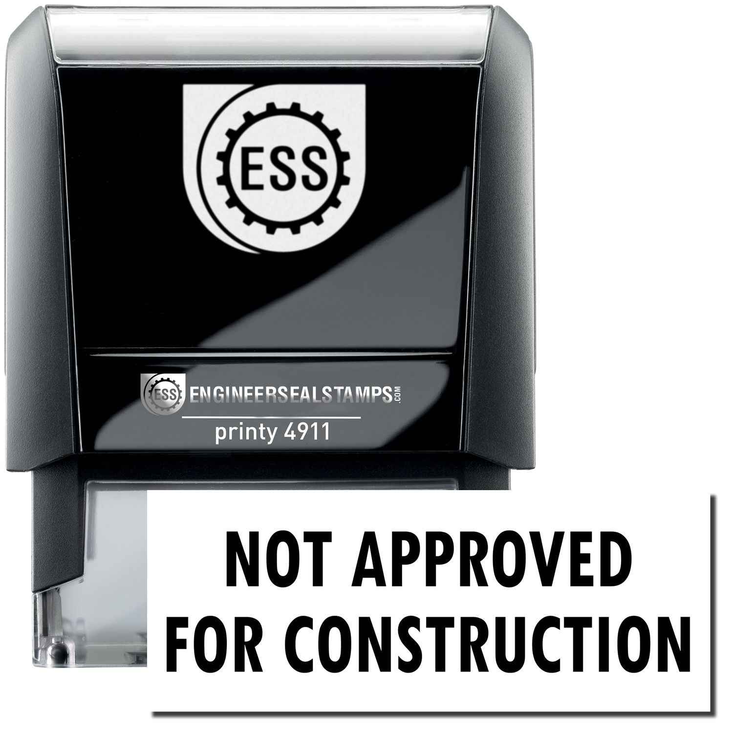 A self-inking stamp with a stamped image showing how the text "NOT APPROVED FOR CONSTRUCTION" is displayed after stamping.