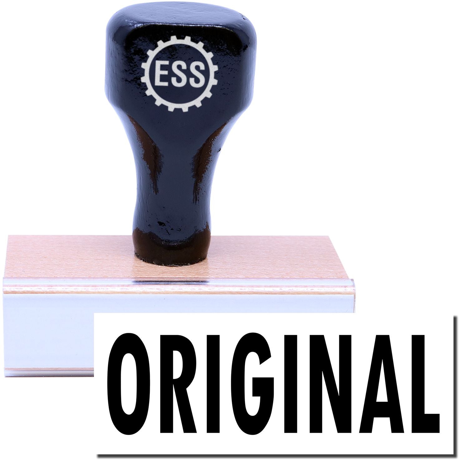 Original rubber stamp with a wooden handle and ESS logo, stamping the word ORIGINAL in bold black letters.