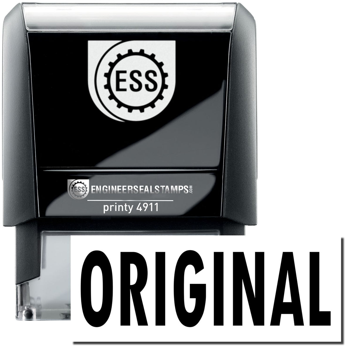 A self-inking stamp with a stamped image showing how the text &quot;ORIGINAL&quot; is displayed after stamping.