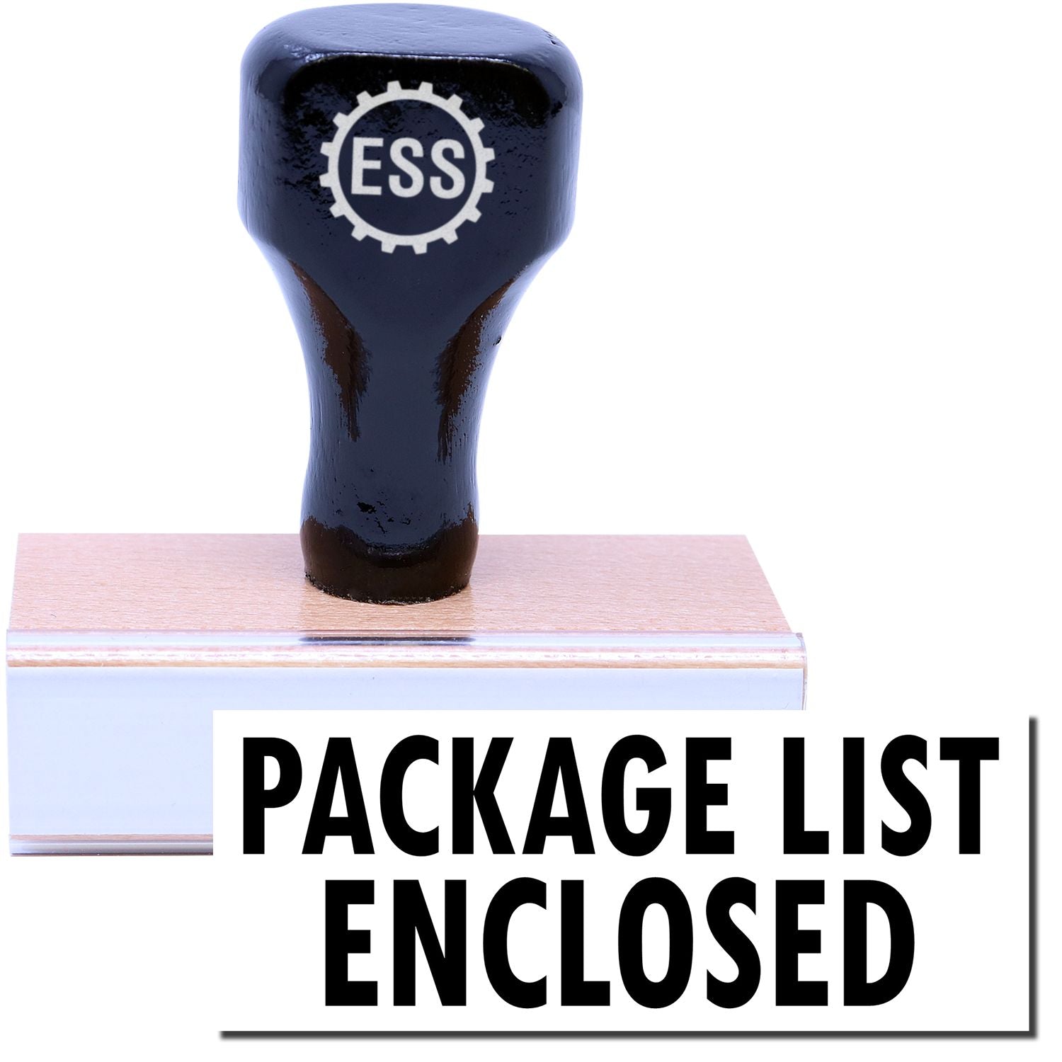 A stock office rubber stamp with a stamped image showing how the text PACKAGE LIST ENCLOSED is displayed after stamping.